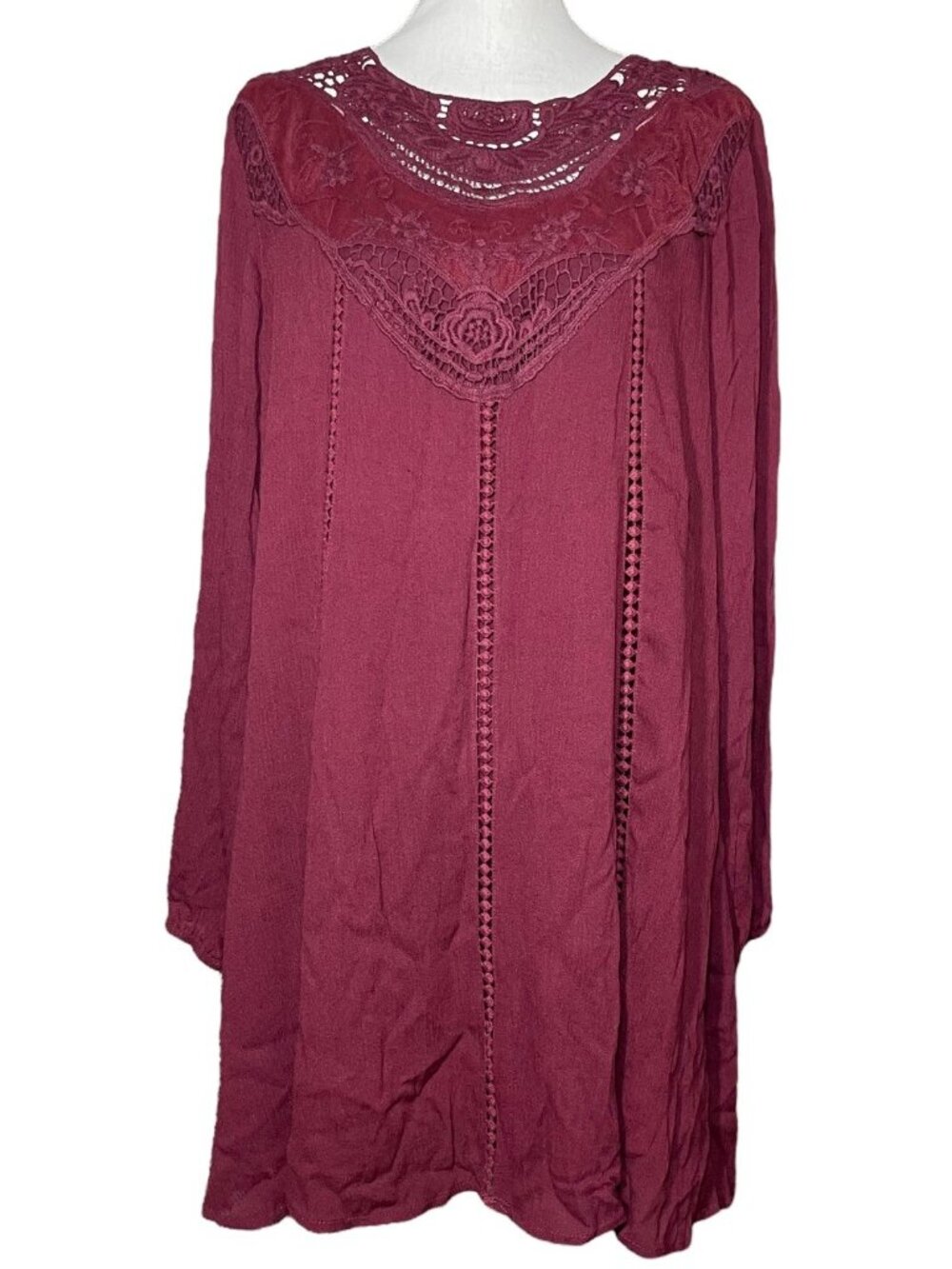 Whimsigoth Floral Crochet Dress NEW L Trapeze Peasant Burgundy Long Sleeve Rayon